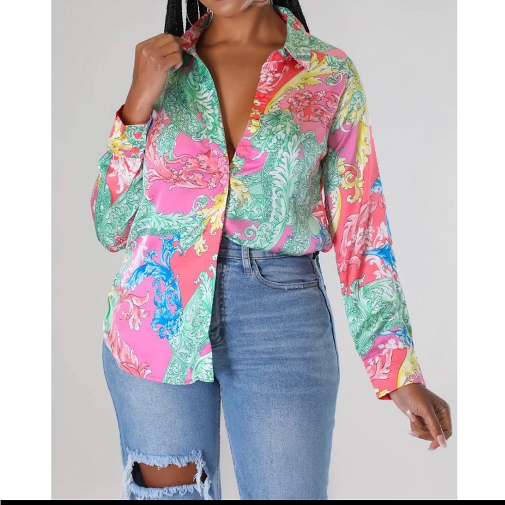 Satin Medusa Print Blouse Pink Multicolored